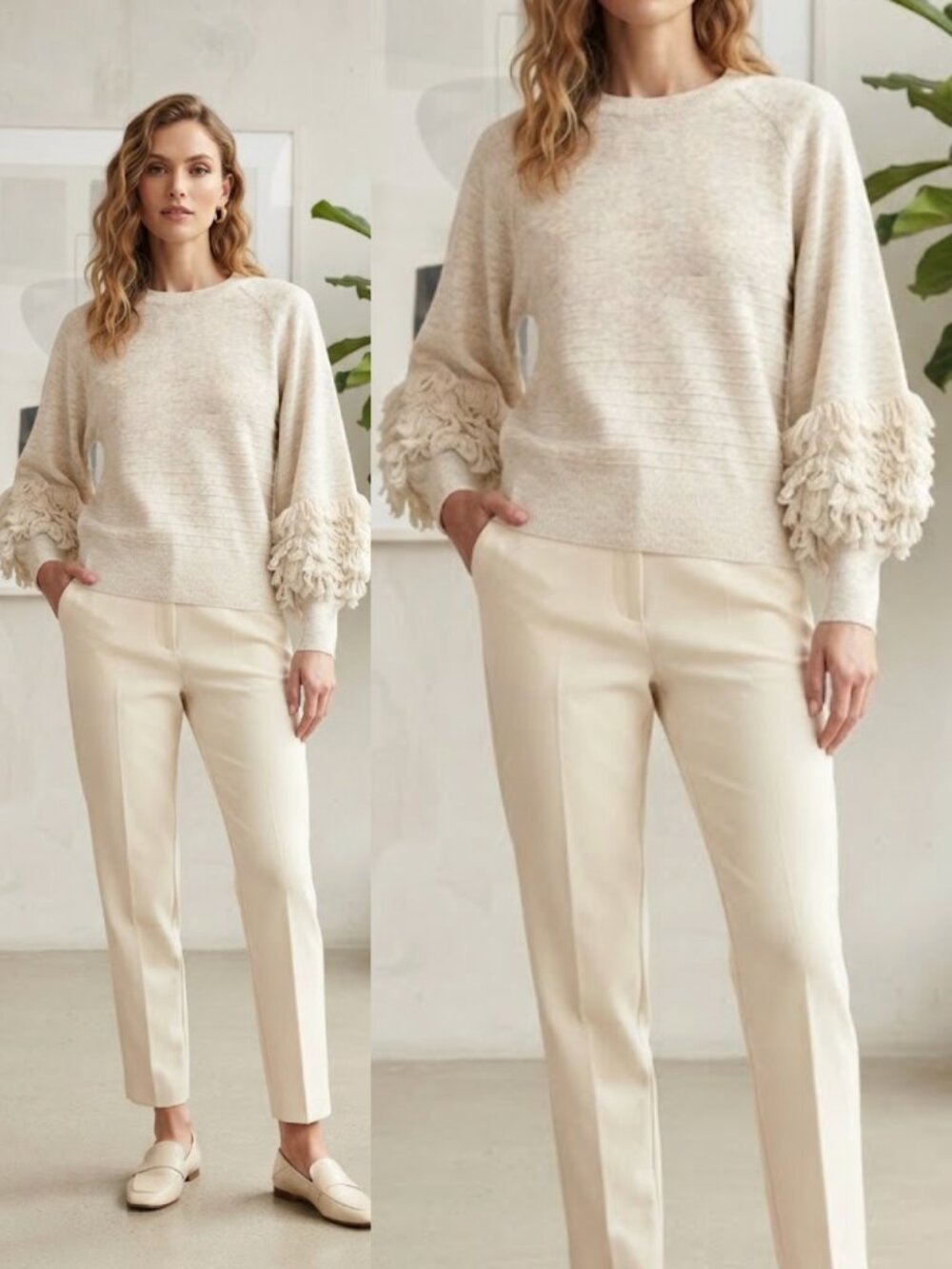 THE GREAT. Sweater Size 1 Cream Oatmeal Loop Fringe Sleeves Wool Mohair